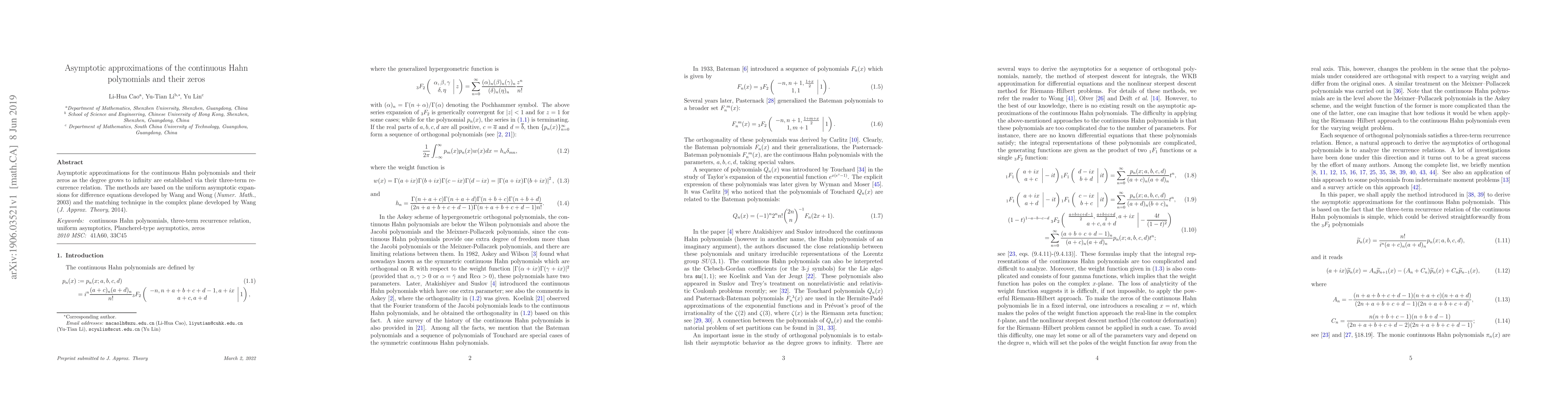Thumbnail for Asymptotic approximations of the continuous Hahn polynomials and their
  zeros