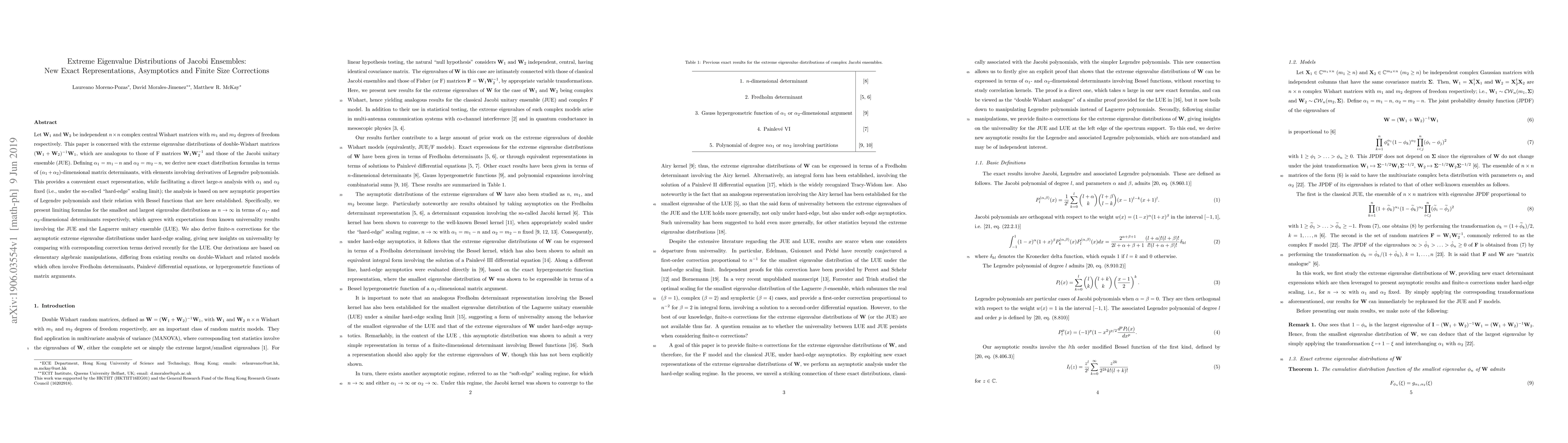 Thumbnail for Extreme Eigenvalue Distributions of Jacobi Ensembles: New Exact
  Representations, Asymptotics and Finite Size Corrections