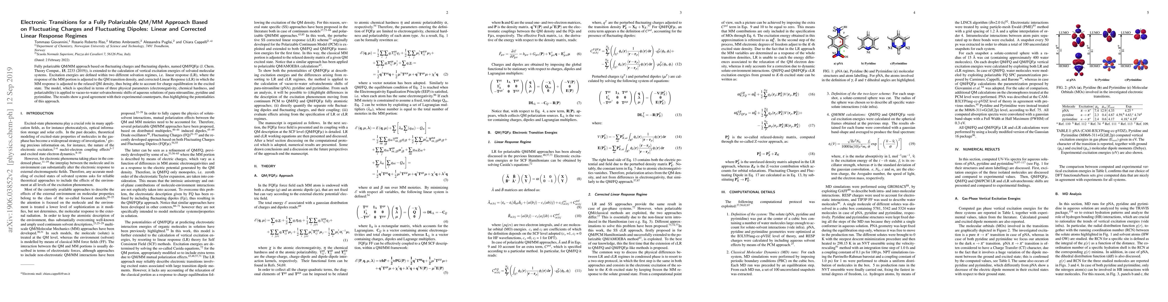Thumbnail for Electronic Transitions for a Fully Polarizable QM/MM Approach Based on
  Fluctuating Charges and Fluctuating Dipoles: Linear and Corrected Linear
  Response Regimes