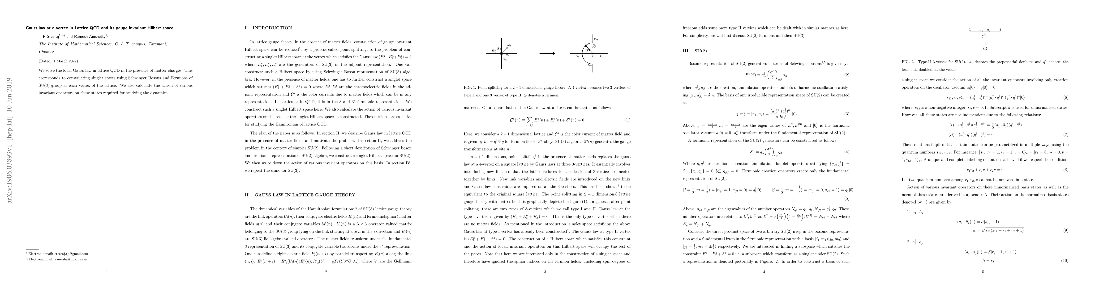 Thumbnail for Gauss law at a vertex in Lattice QCD and its gauge invariant Hilbert
  space