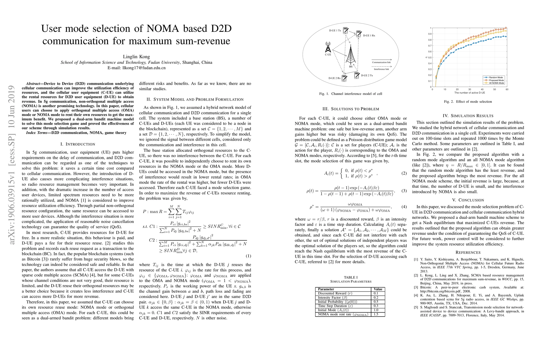 Thumbnail for User mode selection of NOMA based D2D communication for maximum
  sum-revenue