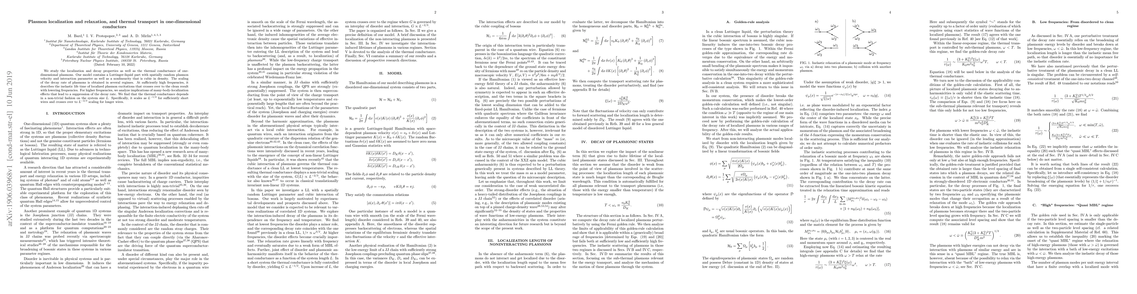 Thumbnail for Plasmon localization and relaxation, and thermal transport in
  one-dimensional conductors