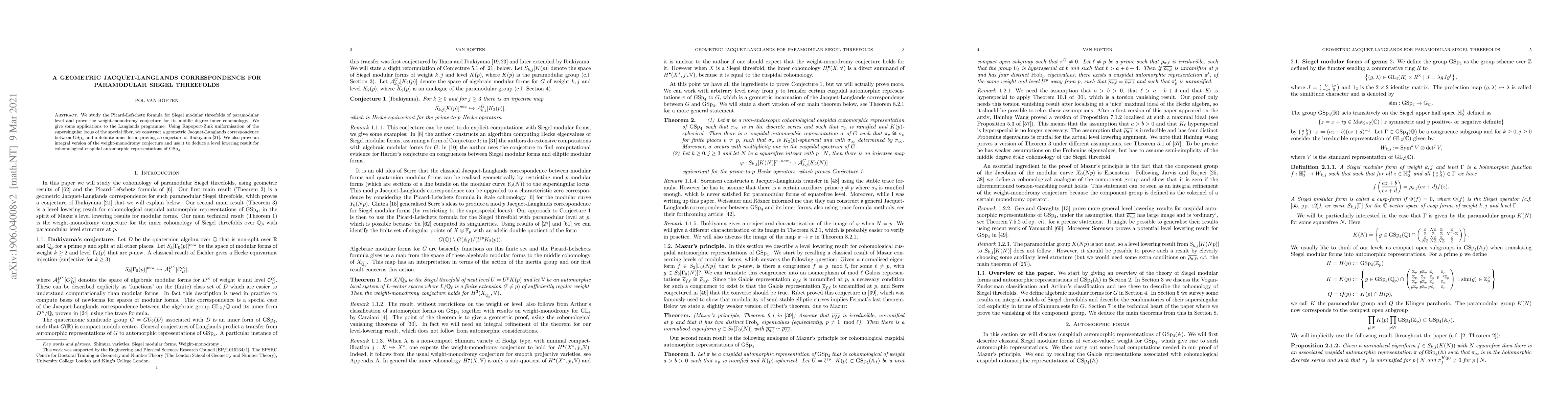 Thumbnail for A geometric Jacquet-Langlands correspondence for paramodular Siegel
  threefolds