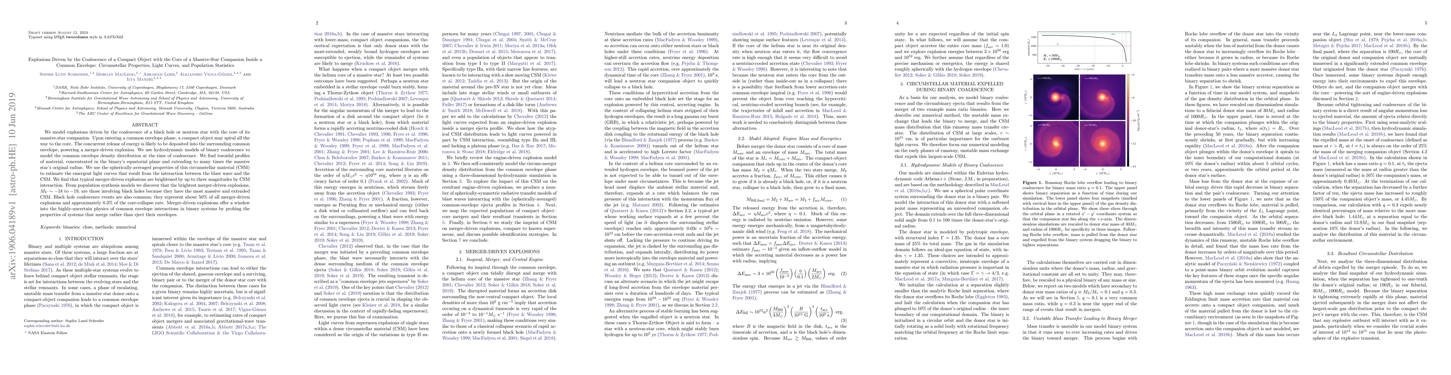 Thumbnail for Explosions Driven by the Coalescence of a Compact Object with the Core
  of a Massive-Star Companion Inside a Common Envelope: Circumstellar
  Properties, Light Curves, and Population Statistics