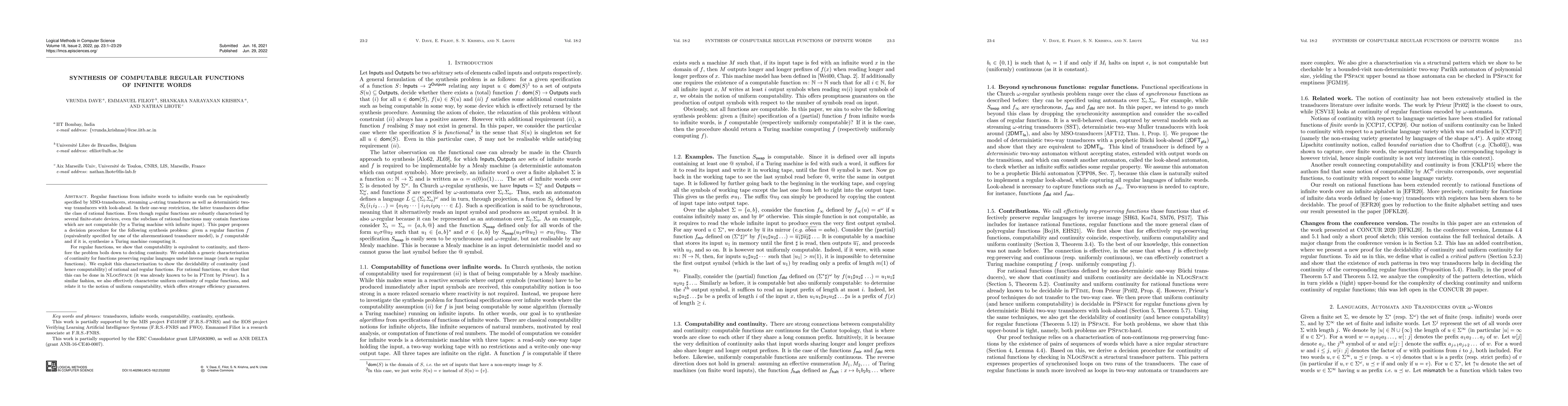 Thumbnail for Synthesis of Computable Regular Functions of Infinite Words