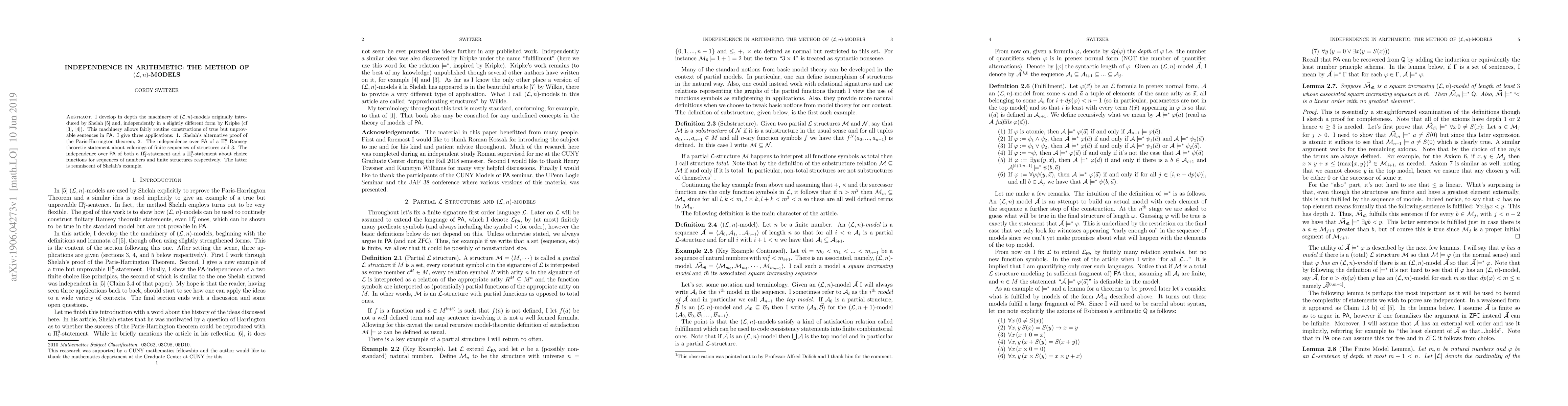 Thumbnail for Independence in Arithmetic: The Method of $(\mathcal L, n)$-Models