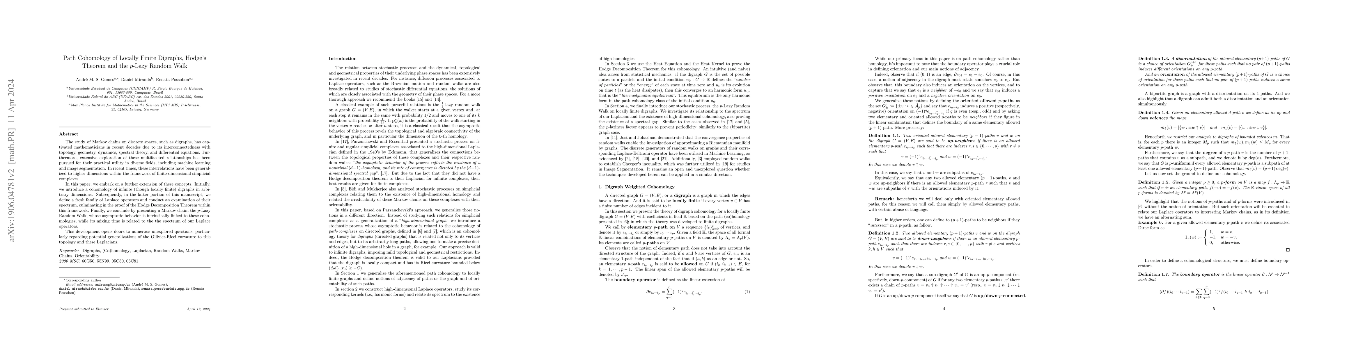 Thumbnail for Path Cohomology of Locally Finite Digraphs,Hodge's Theorem and the
  $p$-Lazy Random Walk