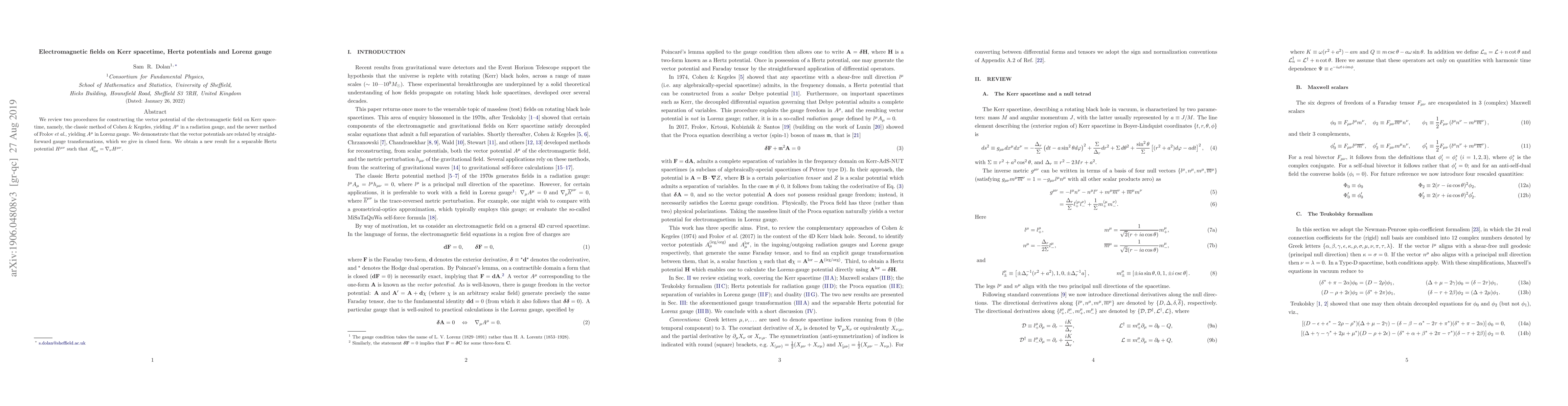 Thumbnail for Electromagnetic fields on Kerr spacetime, Hertz potentials and Lorenz
  gauge