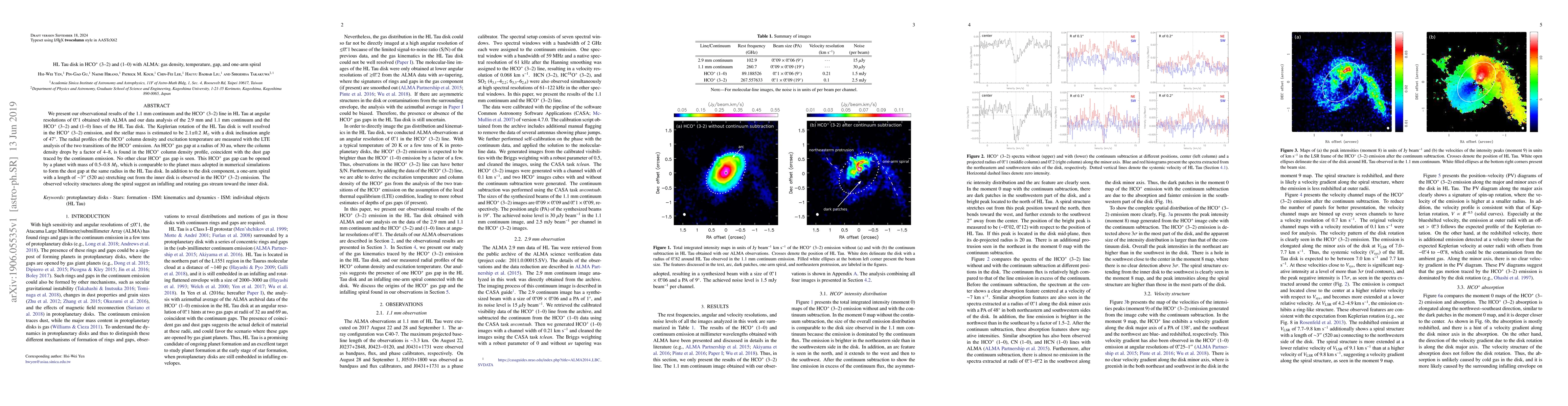 Thumbnail for HL Tau disk in HCO+ (3-2) and (1-0) with ALMA: gas density, temperature,
  gap, and one-arm spiral