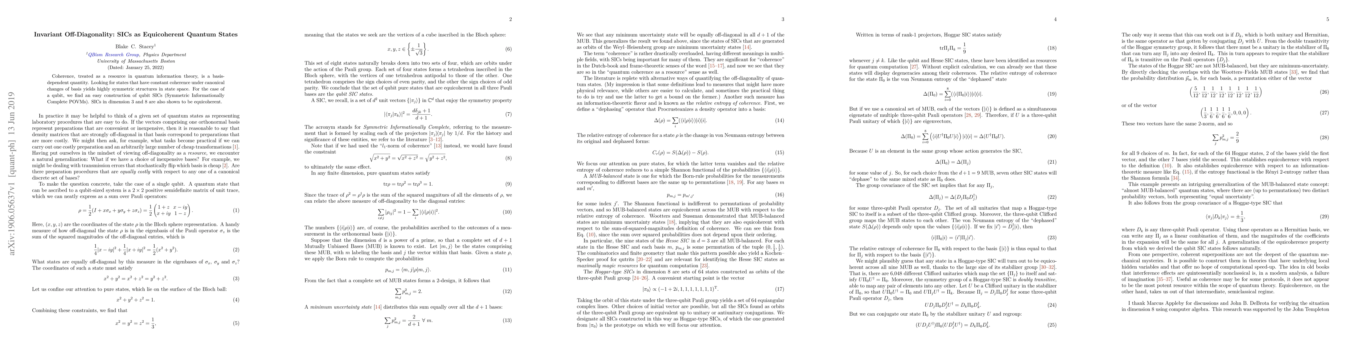 Thumbnail for Invariant Off-Diagonality: SICs as Equicoherent Quantum States