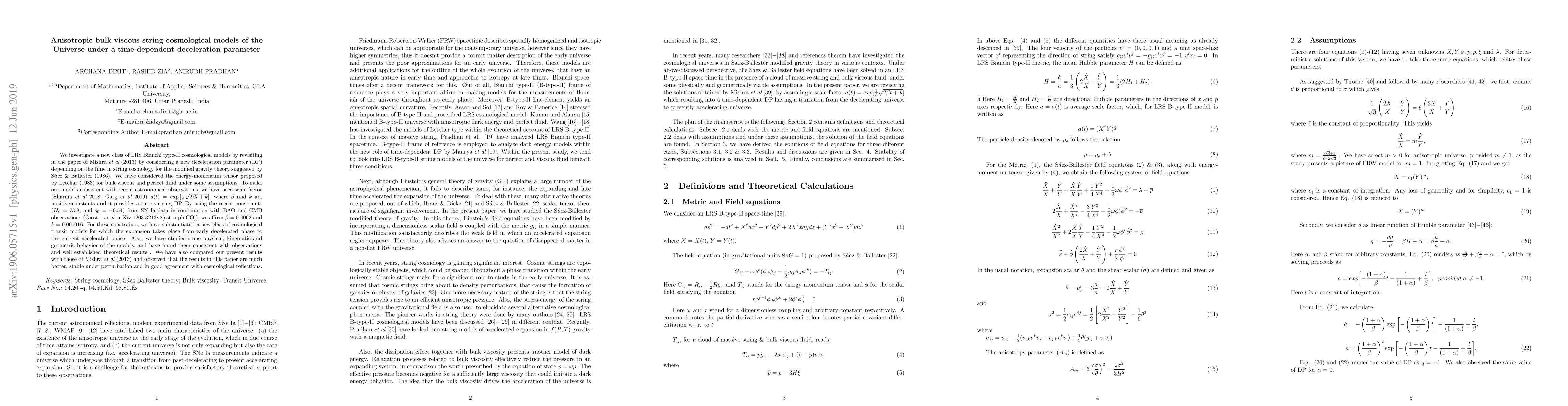 Thumbnail for Anisotropic bulk viscous string cosmological models of the Universe
  under a time-dependent deceleration parameter