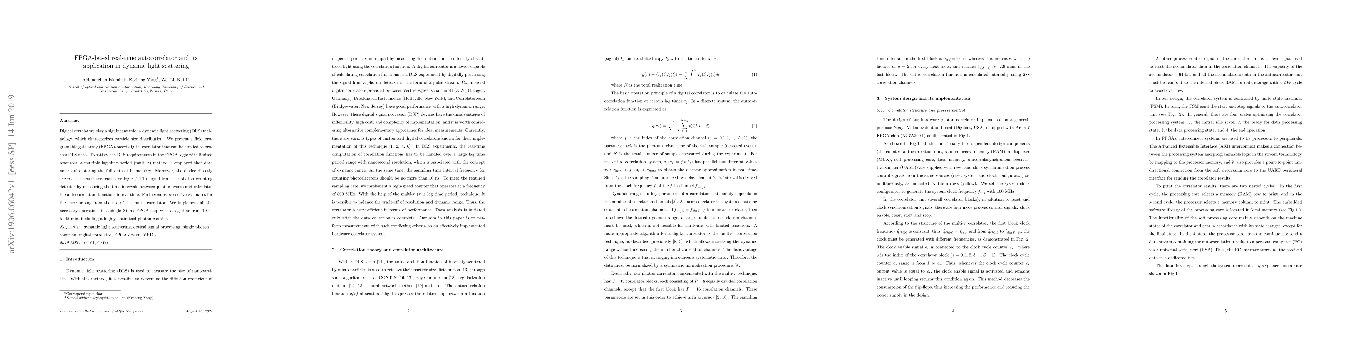 Thumbnail for FPGA-based real-time autocorrelator and its application in dynamic light
  scattering