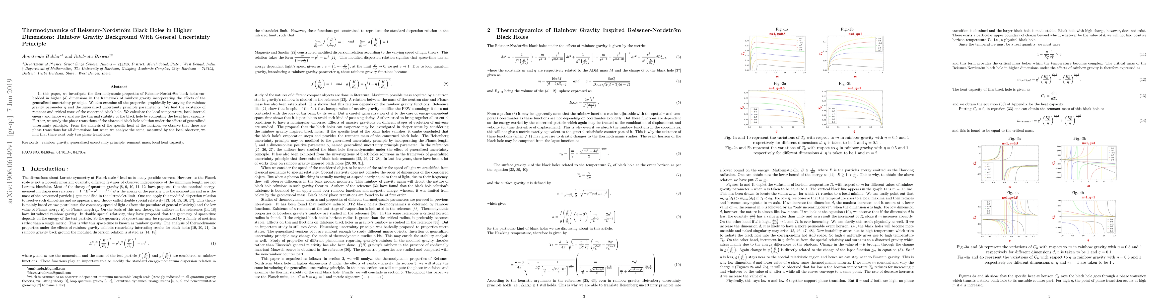 Thumbnail for Thermodynamics of Reissner-Nordstr\"om Black Holes in Higher Dimensions:
  Rainbow Gravity Background With General Uncertainty Principle