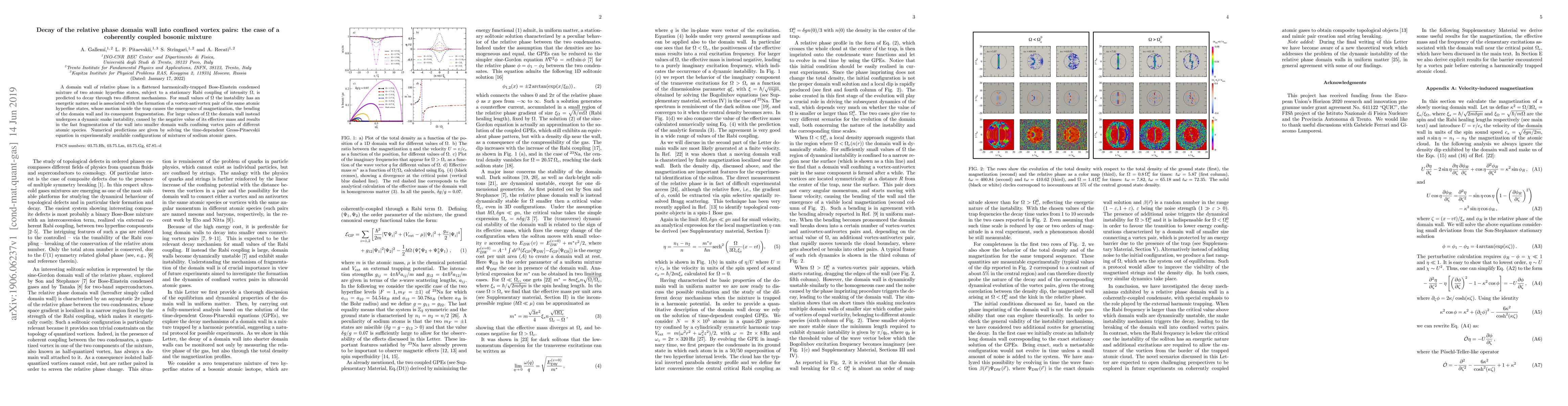 Thumbnail for Decay of the relative phase domain wall into confined vortex pairs: the
  case of a coherently coupled bosonic mixture