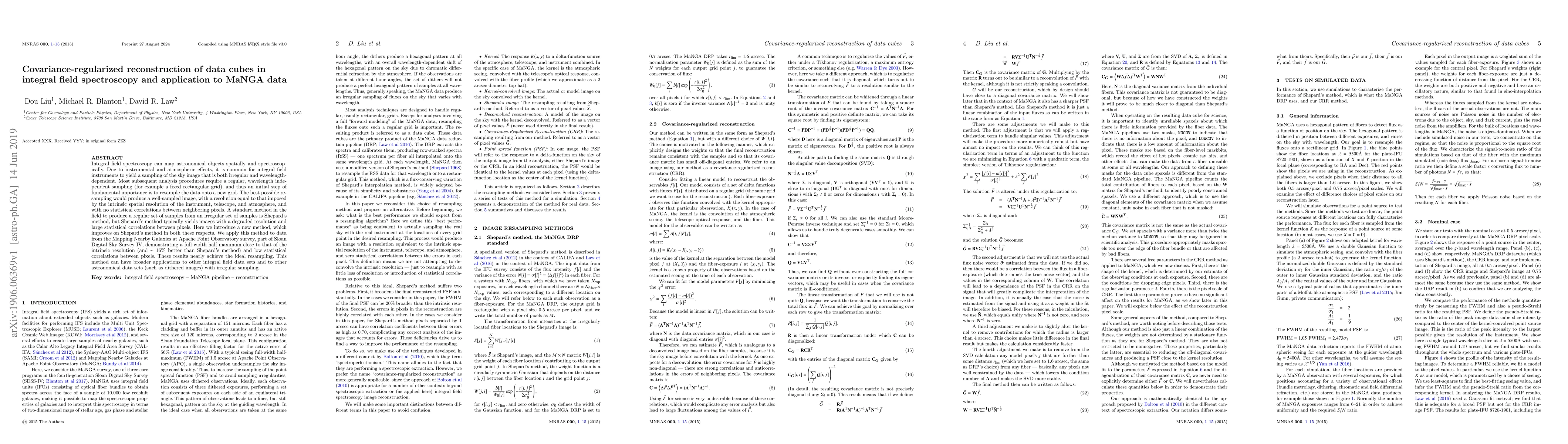 Thumbnail for Covariance-regularized reconstruction of data cubes in integral field
  spectroscopy and application to MaNGA data