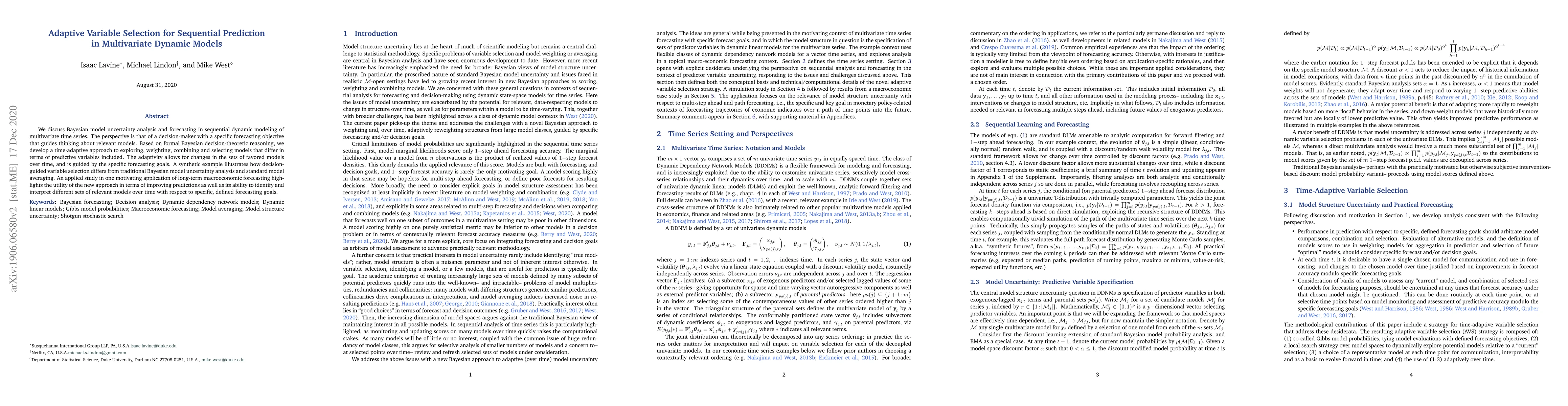 Thumbnail for Adaptive Variable Selection for Sequential Prediction in Multivariate
  Dynamic Models
