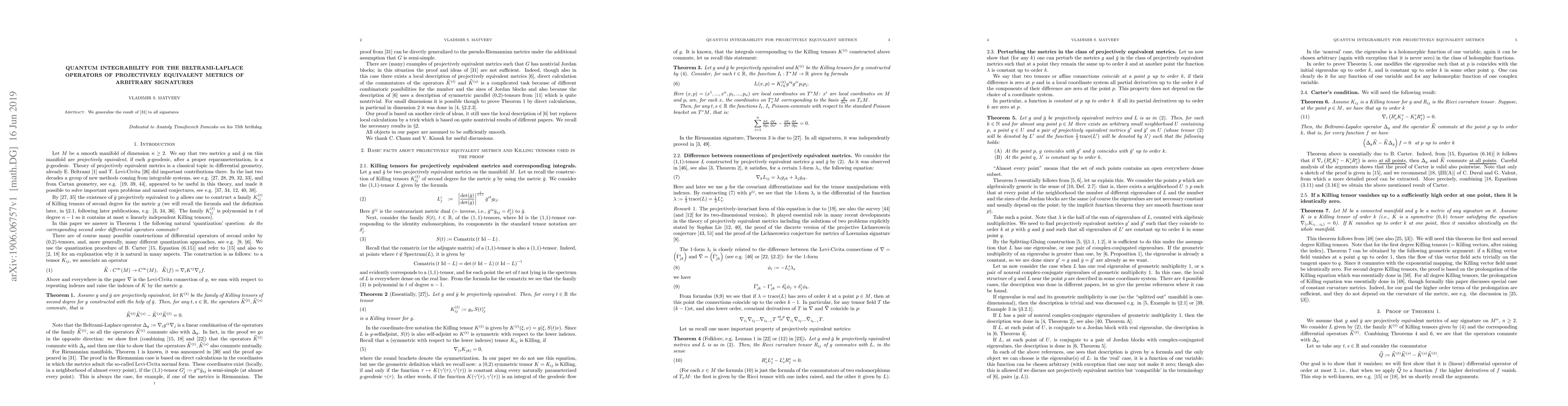 Thumbnail for Quantum integrability for the Beltrami-Laplace operators of projectively
  equivalent metrics of arbitrary signatures