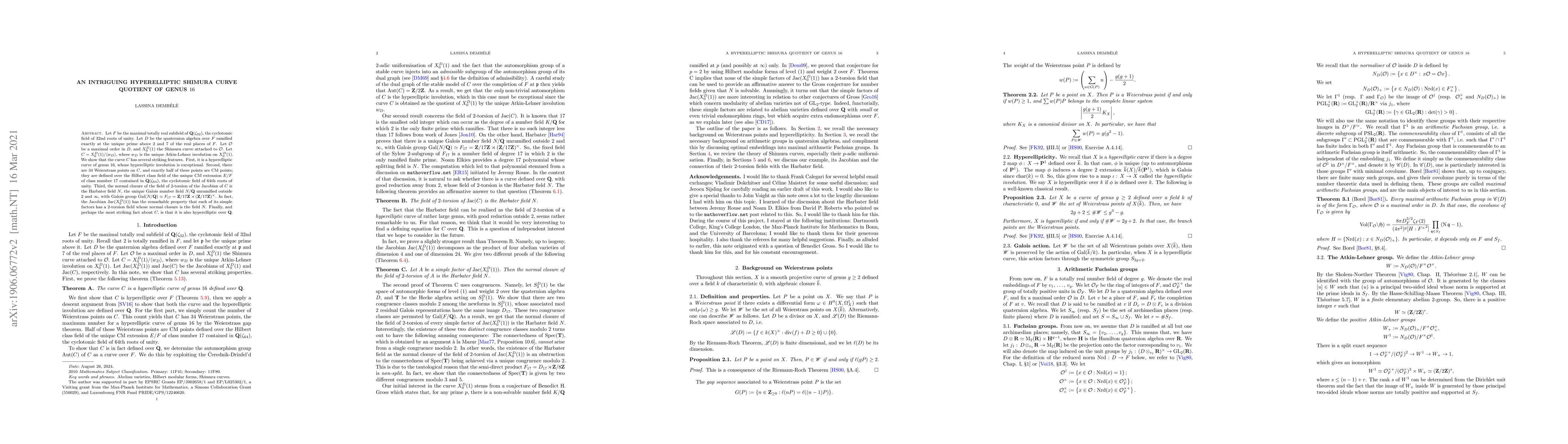 Thumbnail for An intriguing hyperelliptic Shimura curve quotient of genus 16