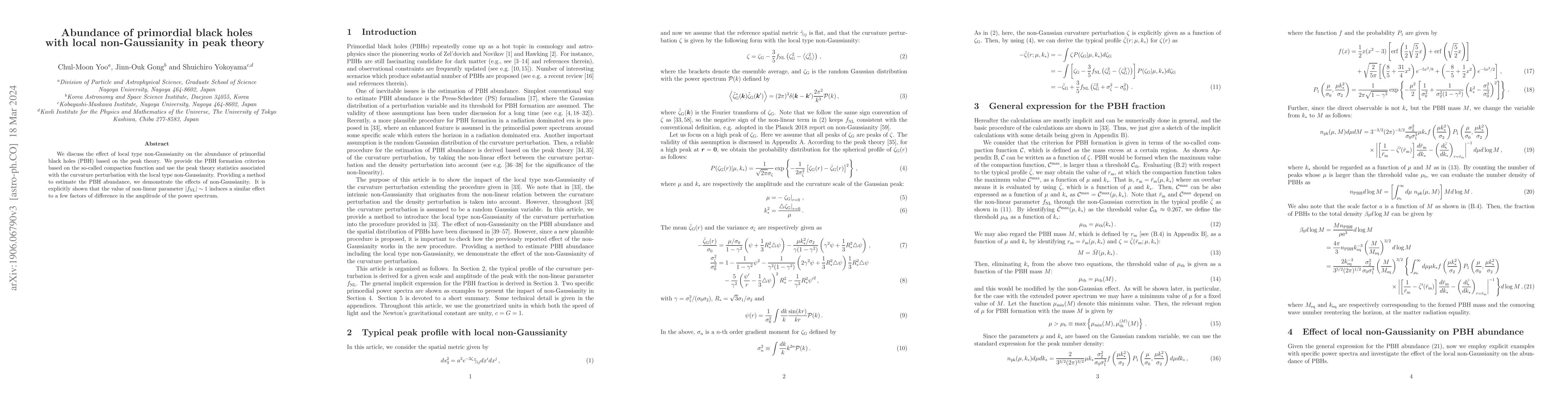 Thumbnail for Abundance of primordial black holes with local non-Gaussianity in peak
  theory