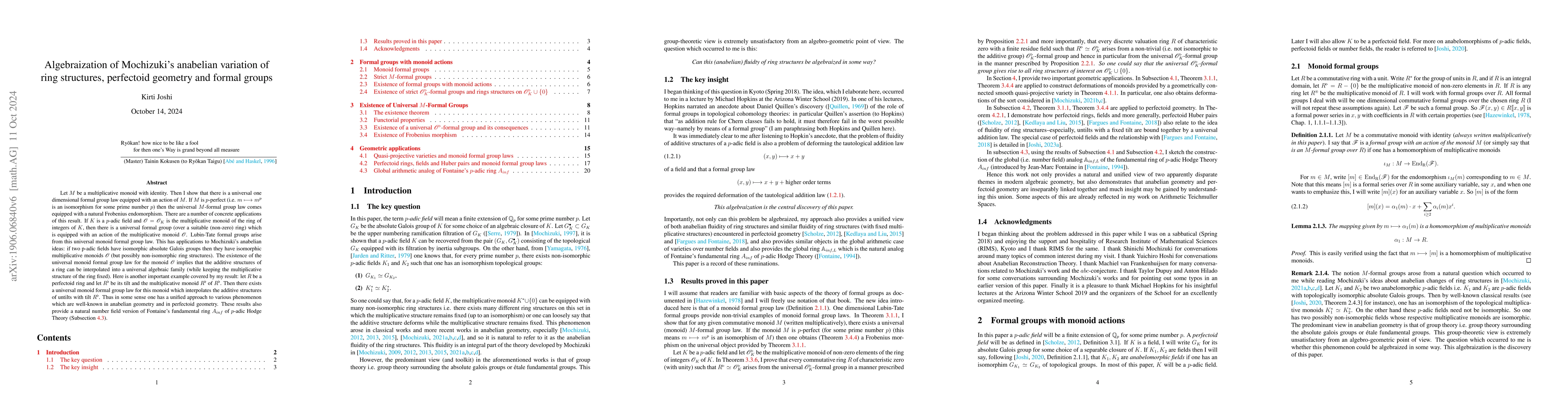 Thumbnail for Algebraization of Mochizuki's anabelian variation of ring structures,
  perfectoid geometry and formal groups