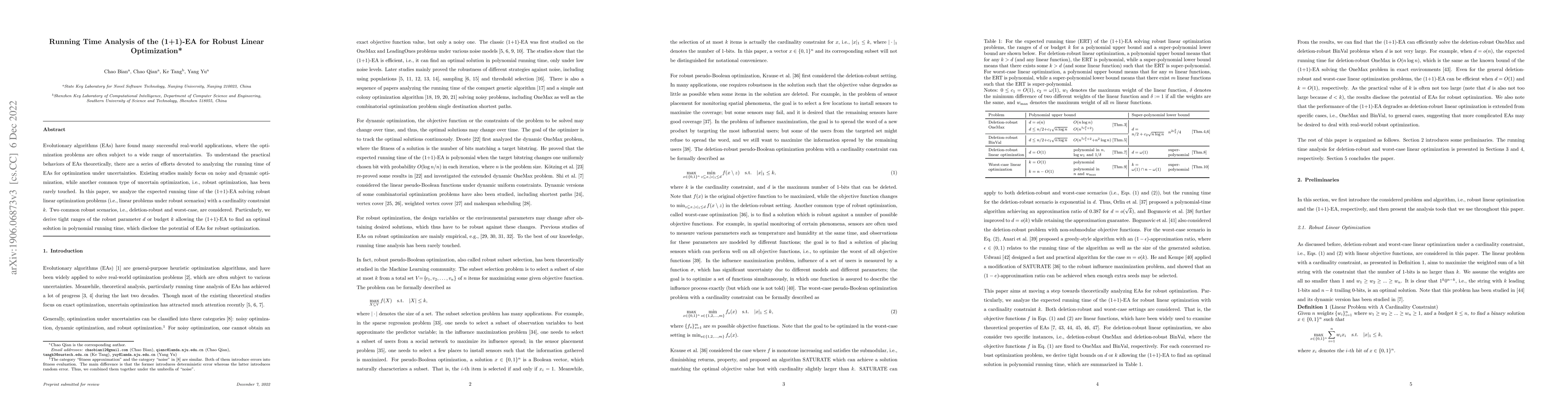 Thumbnail for Running Time Analysis of the (1+1)-EA for Robust Linear Optimization