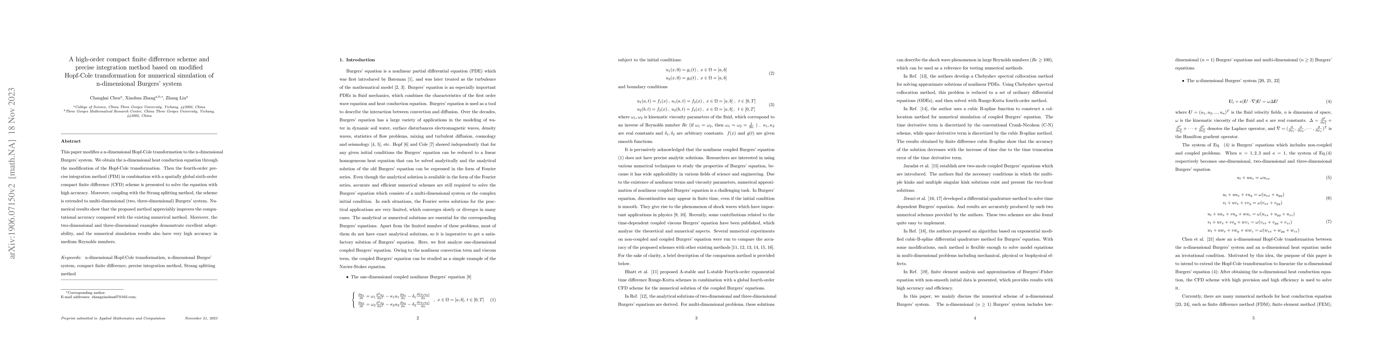 Thumbnail for A high-order compact finite difference scheme and precise integration
  method based on modified Hopf-Cole transformation for numerical simulation of
  n-dimensional Burgers' system