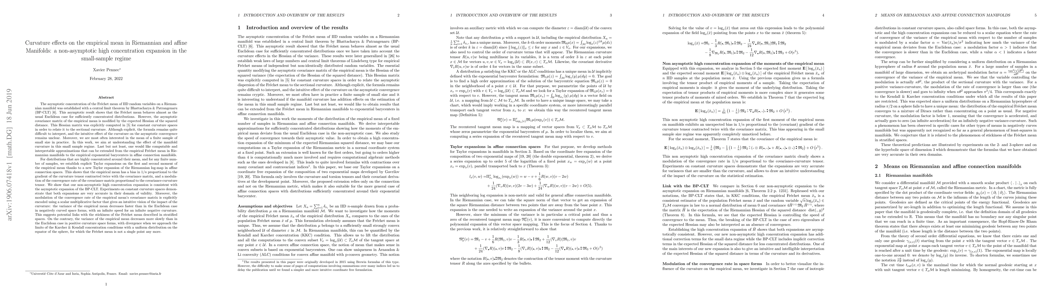 Thumbnail for Curvature effects on the empirical mean in Riemannian and affine
  Manifolds: a non-asymptotic high concentration expansion in the small-sample
  regime