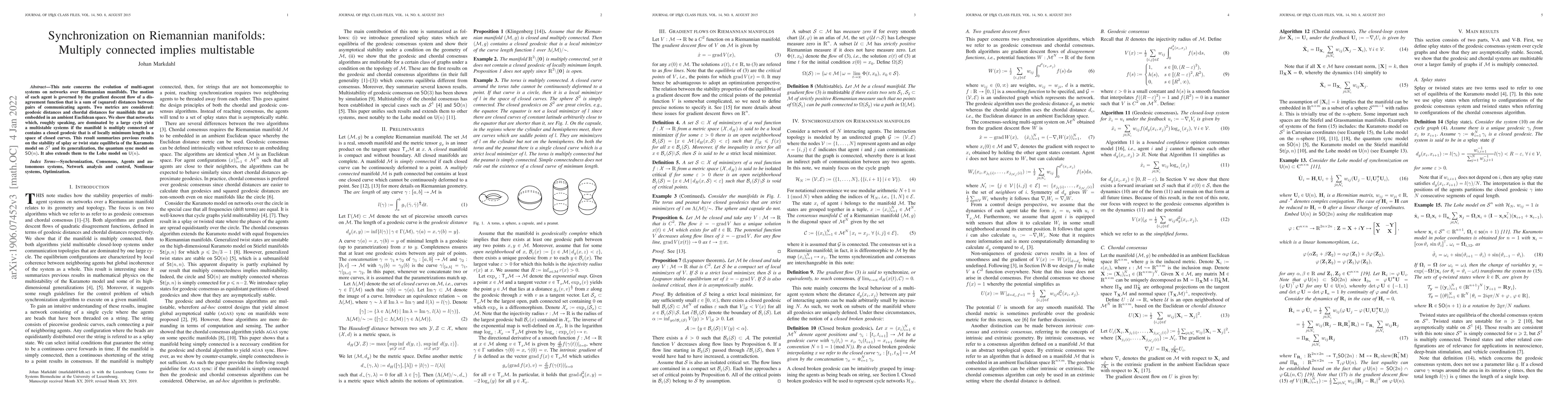 Thumbnail for Synchronization on Riemannian manifolds: Multiply connected implies
  multistable