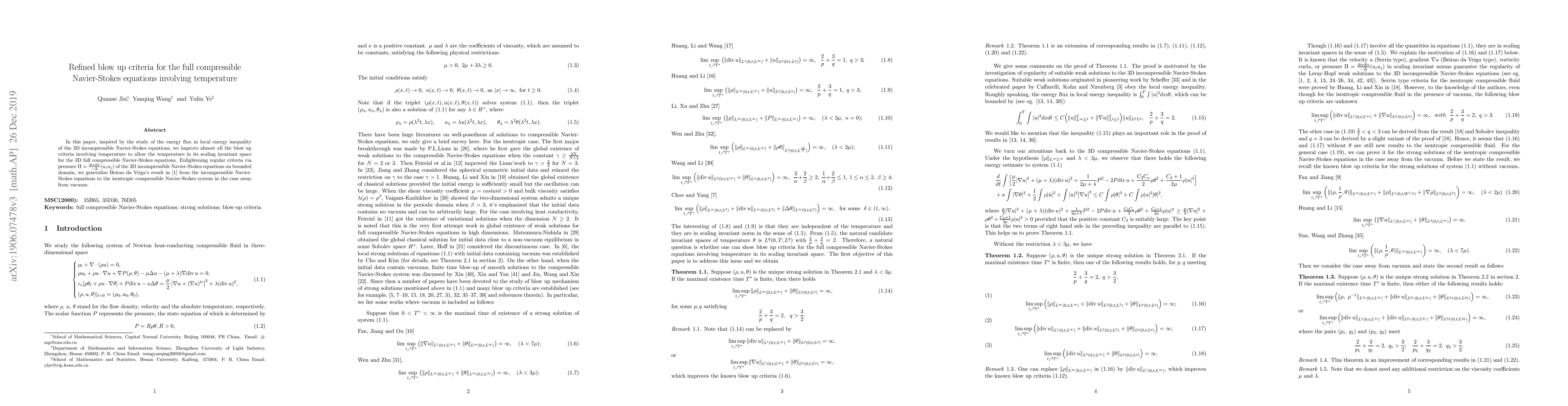Thumbnail for Refined blow up criteria for the full compressible Navier-Stokes
  equations involving temperature