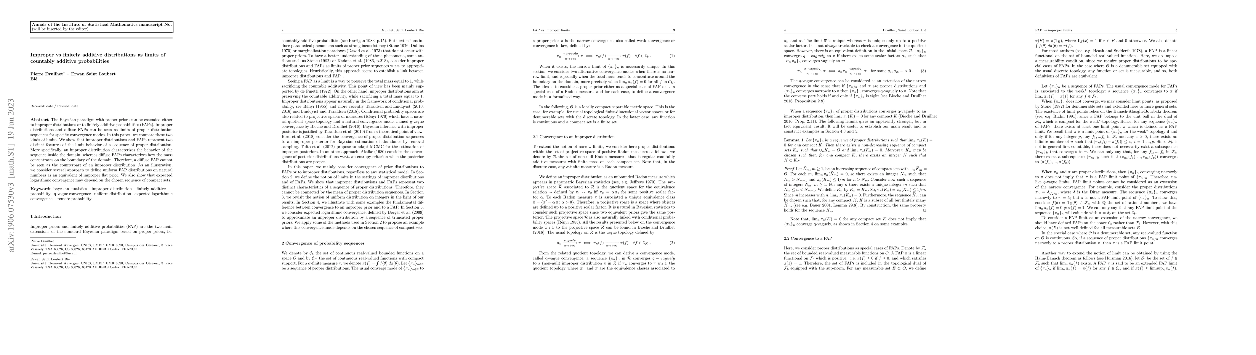 Thumbnail for Improper vs finitely additive distributions as limits of countably
  additive probabilities