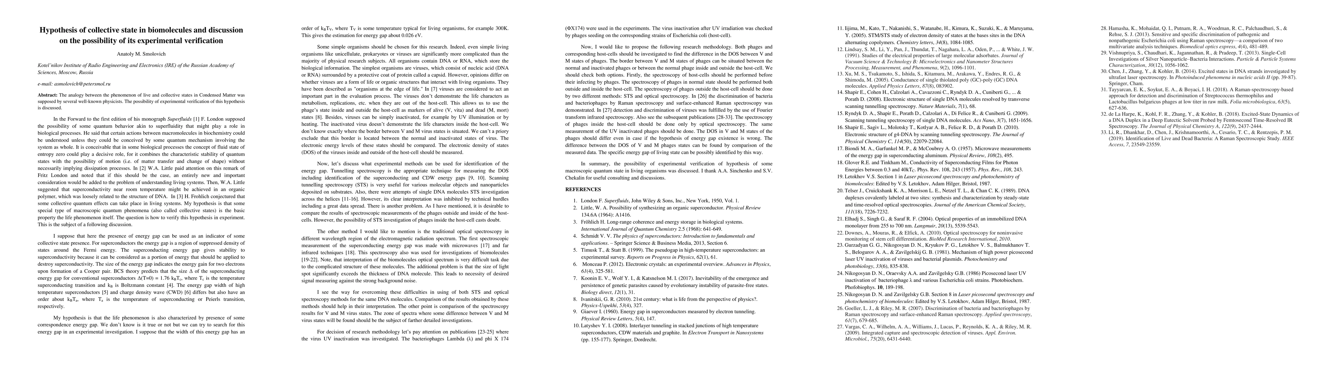 Thumbnail for Hypothesis of collective state in biomolecules and discussion on the
  possibility of its experimental verification