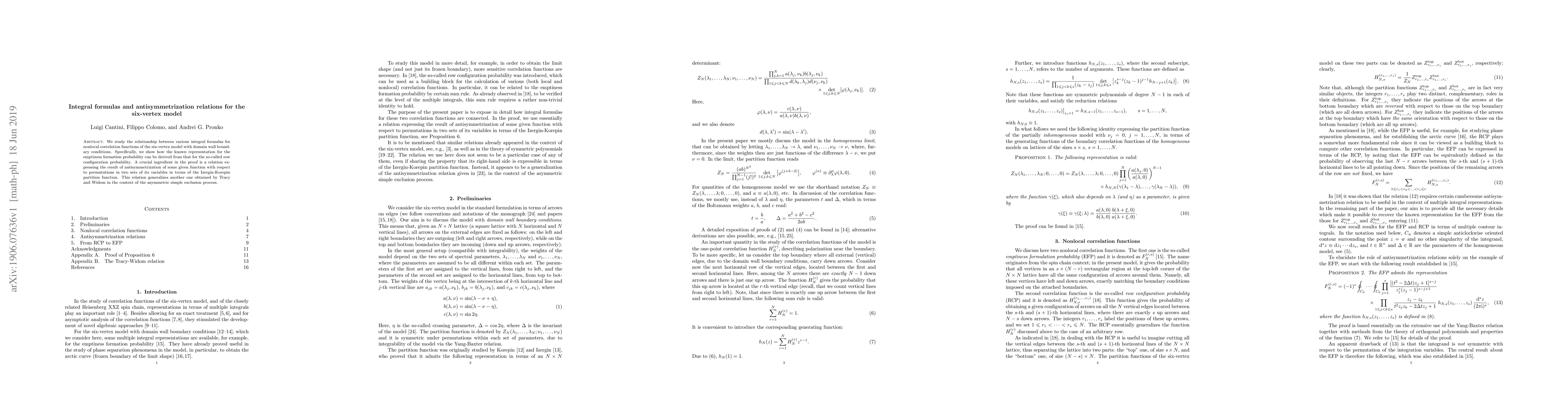Thumbnail for Integral formulas and antisymmetrization relations for the six-vertex
  model