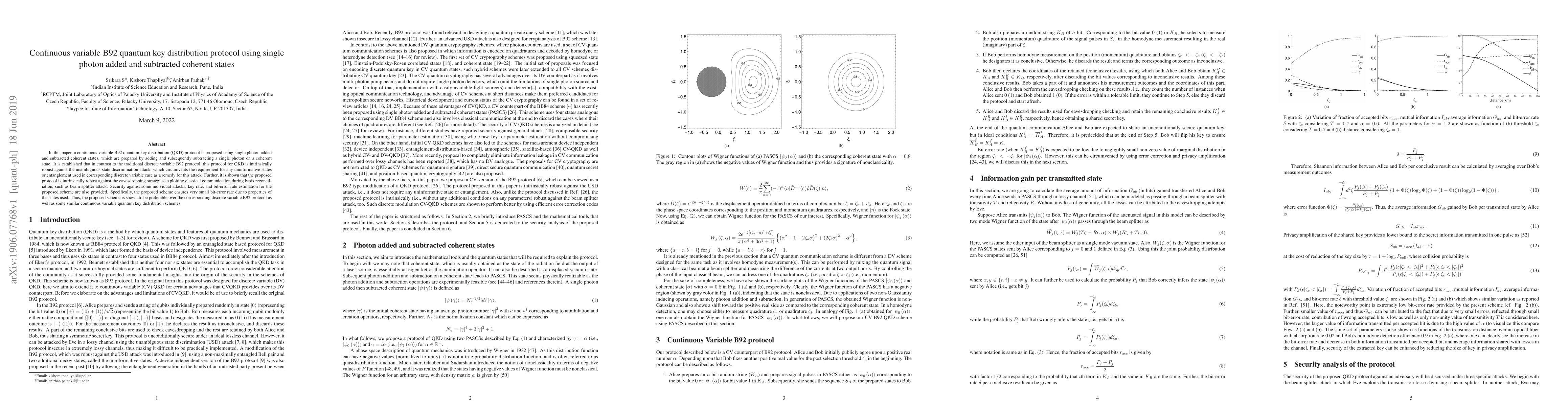 Thumbnail for Continuous variable B92 quantum key distribution protocol using single
  photon added and subtracted coherent states
