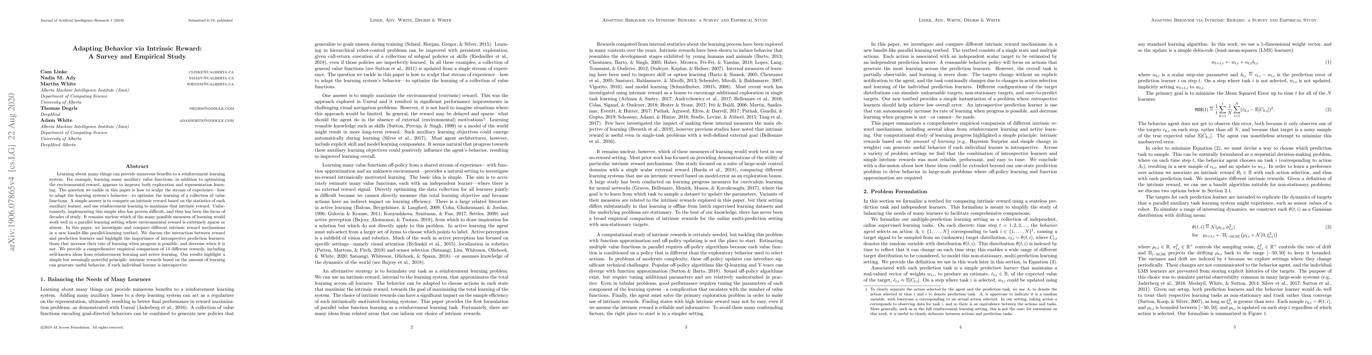 Thumbnail for Adapting Behaviour via Intrinsic Reward: A Survey and Empirical Study