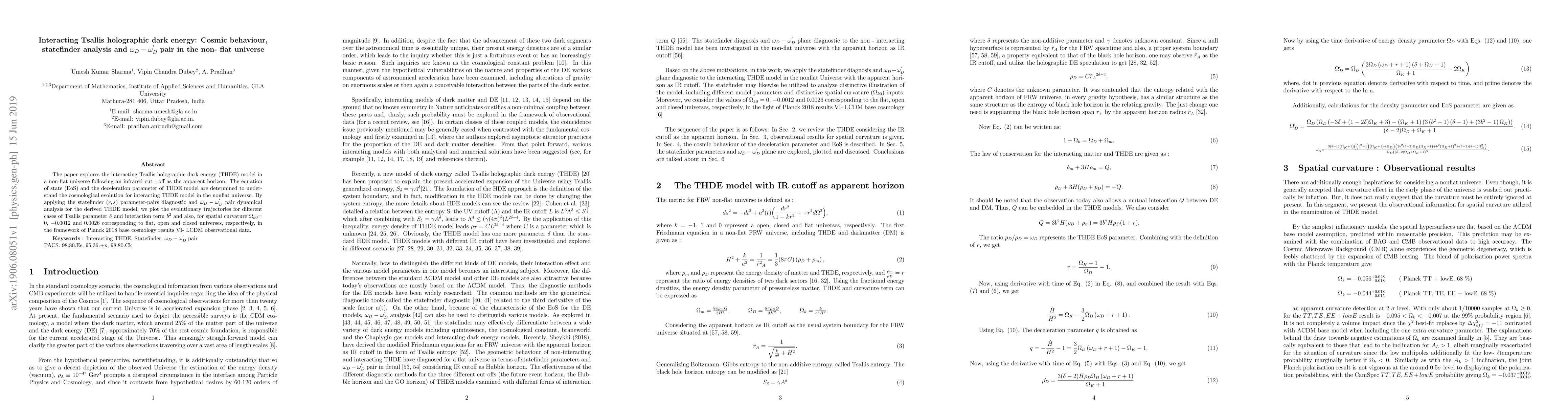 Thumbnail for Interacting Tsallis holographic dark energy: Cosmic behaviour,
  statefinder analysis and $\omega_D-\omega'_D$ pair in the non-flat universe
