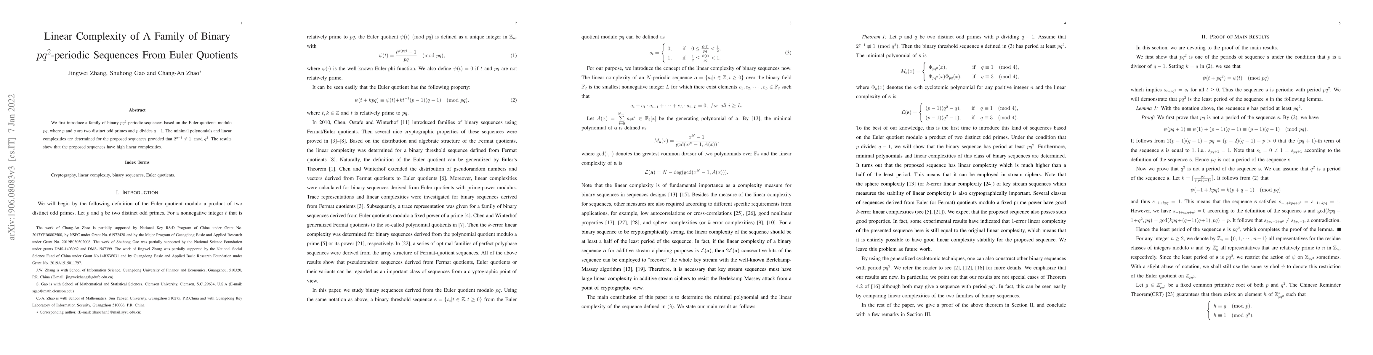 Thumbnail for Linear Complexity of A Family of Binary $pq^2$-periodic Sequences From
  Euler Quotients