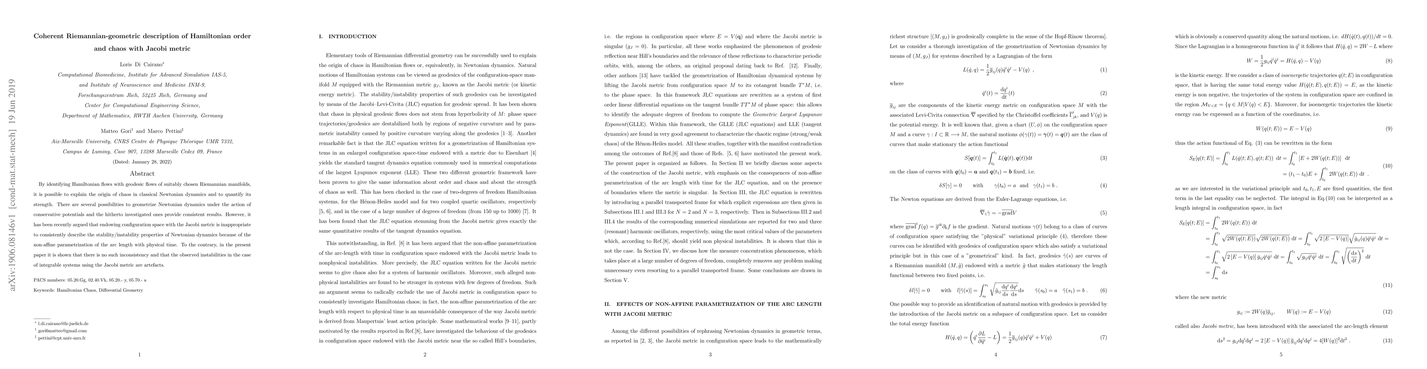 Thumbnail for Coherent Riemannian-geometric description of Hamiltonian order and chaos
  with Jacobi metric