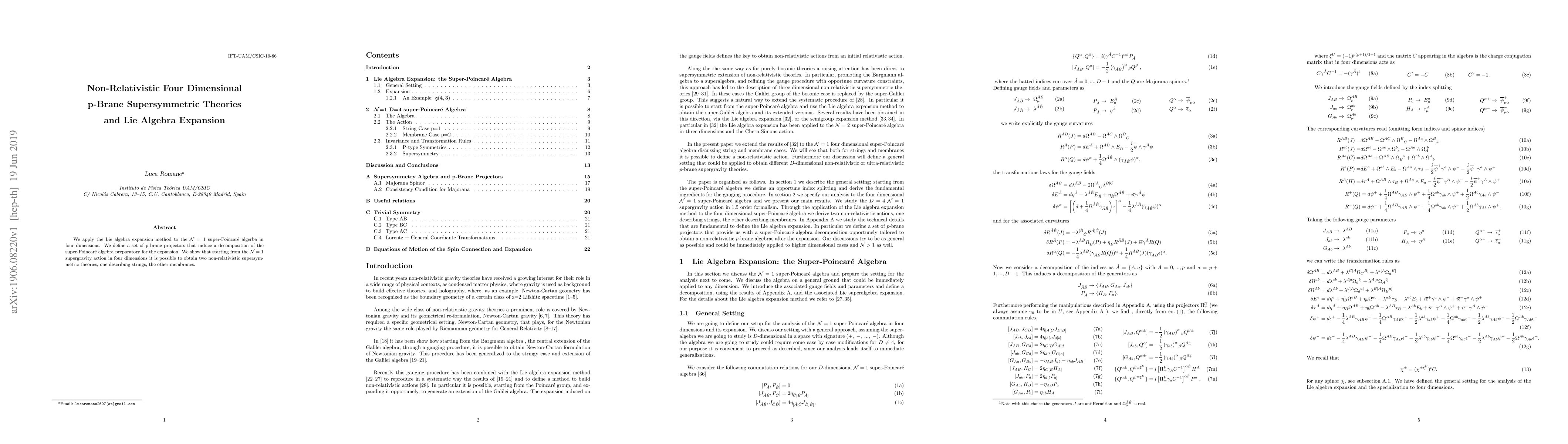 Thumbnail for Non-Relativistic Four Dimensional p-Brane Supersymmetric Theories and
  Lie Algebra Expansion