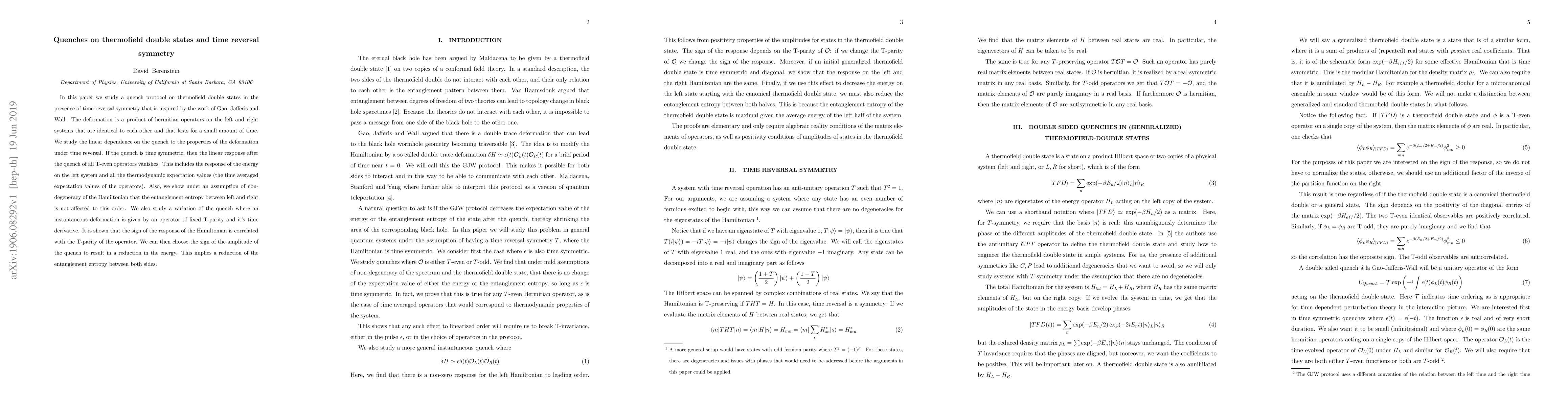 Thumbnail for Quenches on thermofield double states and time reversal symmetry