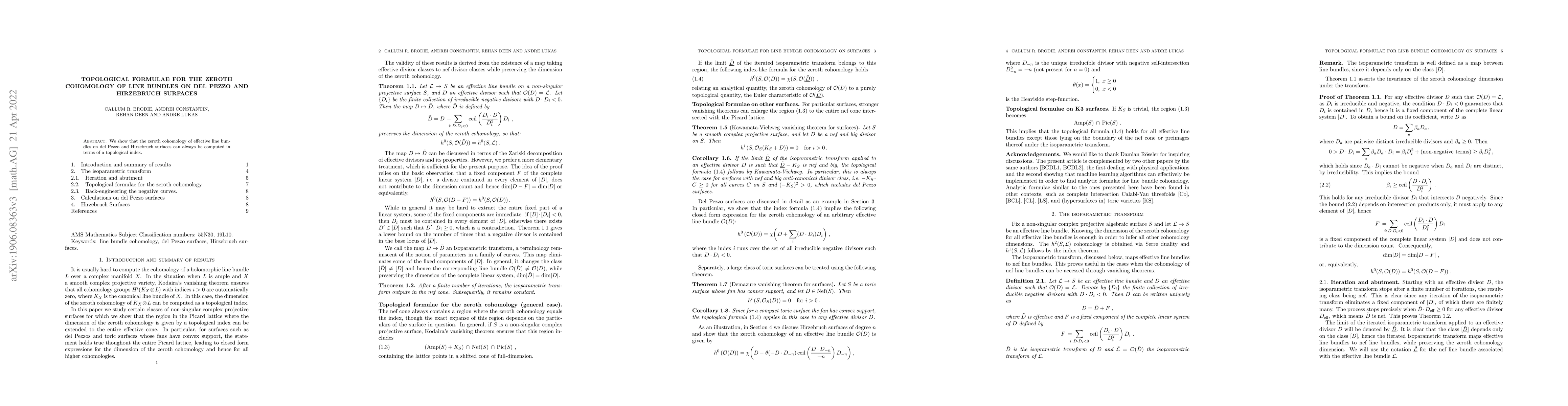 Thumbnail for Topological Formulae for the Zeroth Cohomology of Line Bundles on del
  Pezzo and Hirzebruch Surfaces
