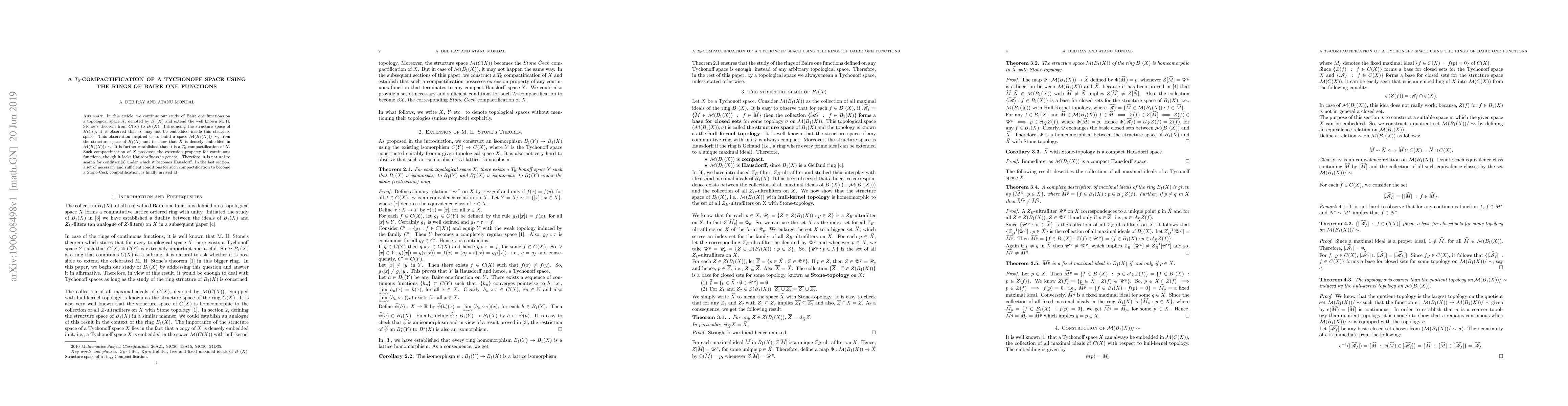 Thumbnail for A $T_0$-Compactification Of A Tychonoff Space Using The Rings Of Baire
  One Functions