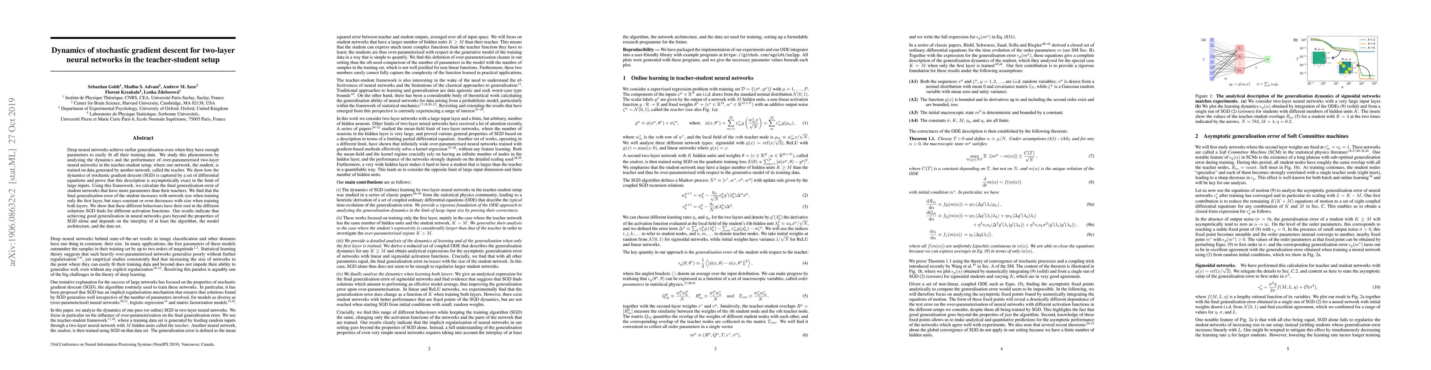 Thumbnail for Dynamics of stochastic gradient descent for two-layer neural networks in
  the teacher-student setup