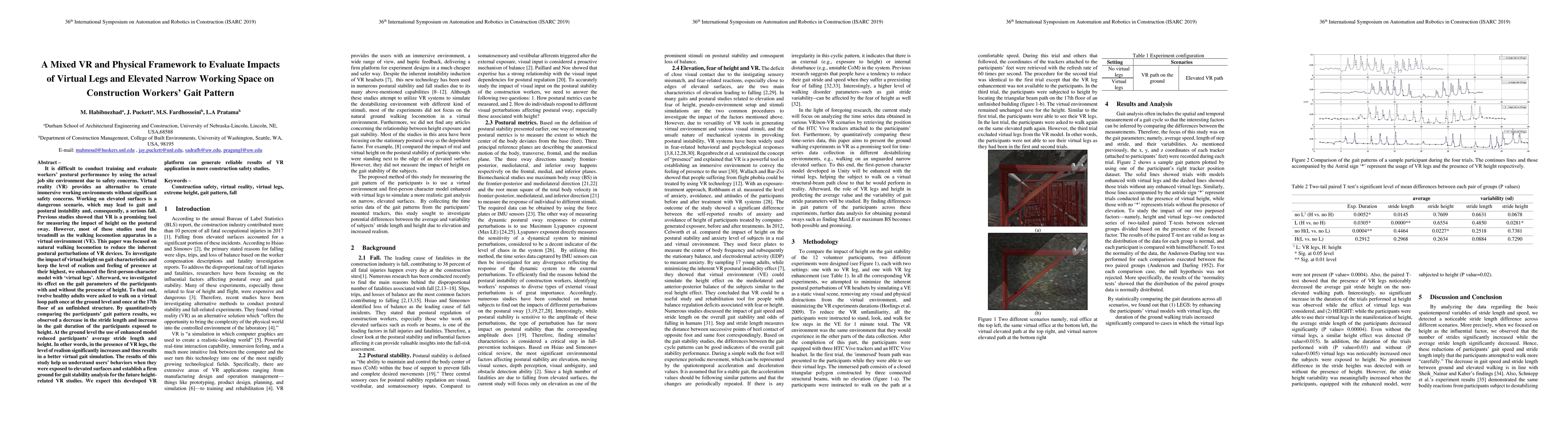 Thumbnail for A Mixed VR and Physical Framework to Evaluate Impacts of Virtual Legs
  and Elevated Narrow Working Space on Construction Workers Gait Pattern