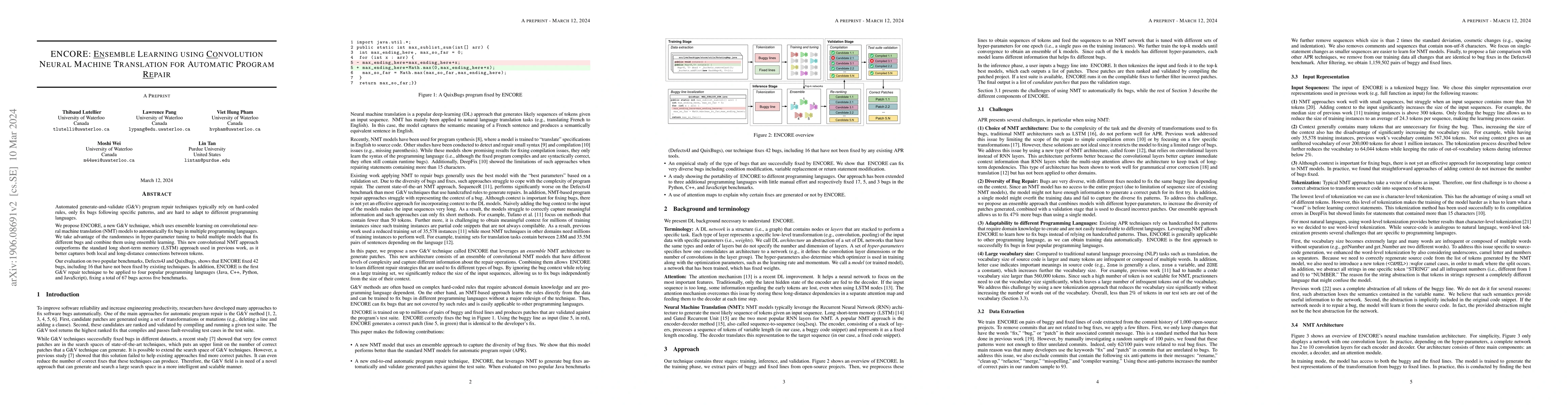 Thumbnail for ENCORE: Ensemble Learning using Convolution Neural Machine Translation
  for Automatic Program Repair