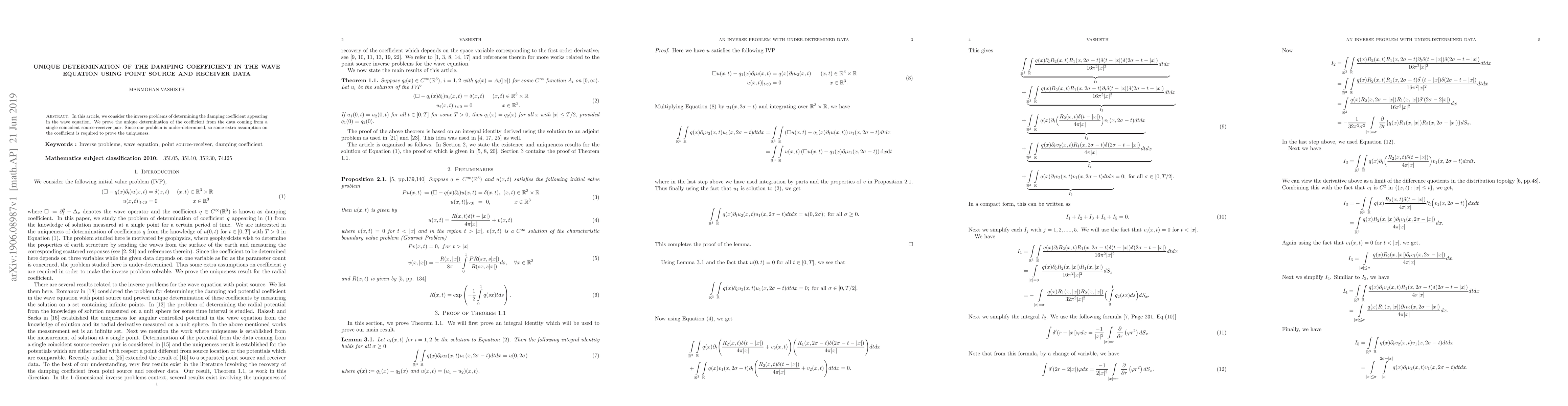 Thumbnail for Unique determination of the damping coefficient in the wave equation
  using point source and receiver data