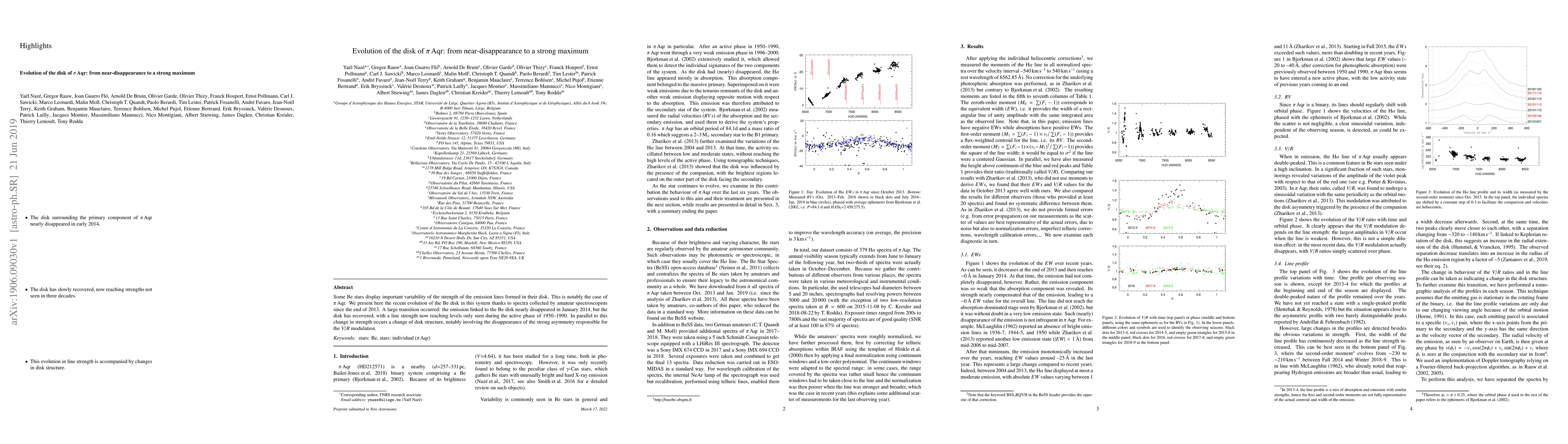 Thumbnail for Evolution of the disk of pi Aqr: from near-disappearance to a strong
  maximum
