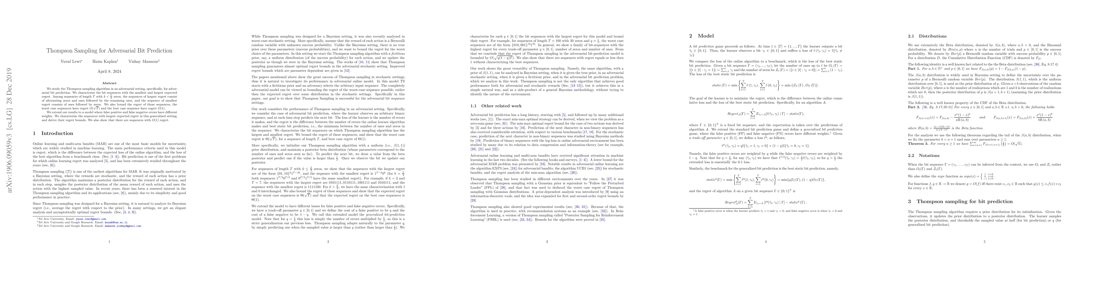 Thumbnail for Thompson Sampling for Adversarial Bit Prediction