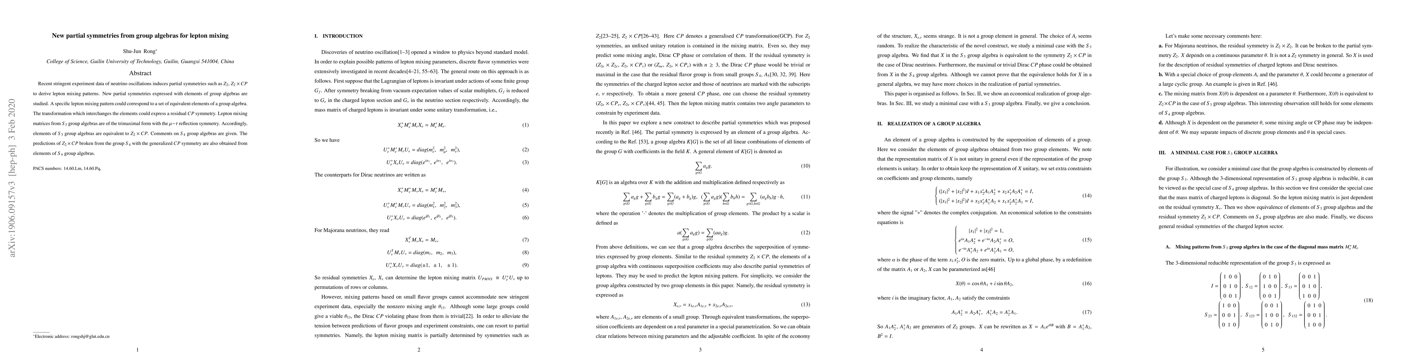 Thumbnail for New partial symmetries from group algebras for lepton mixing