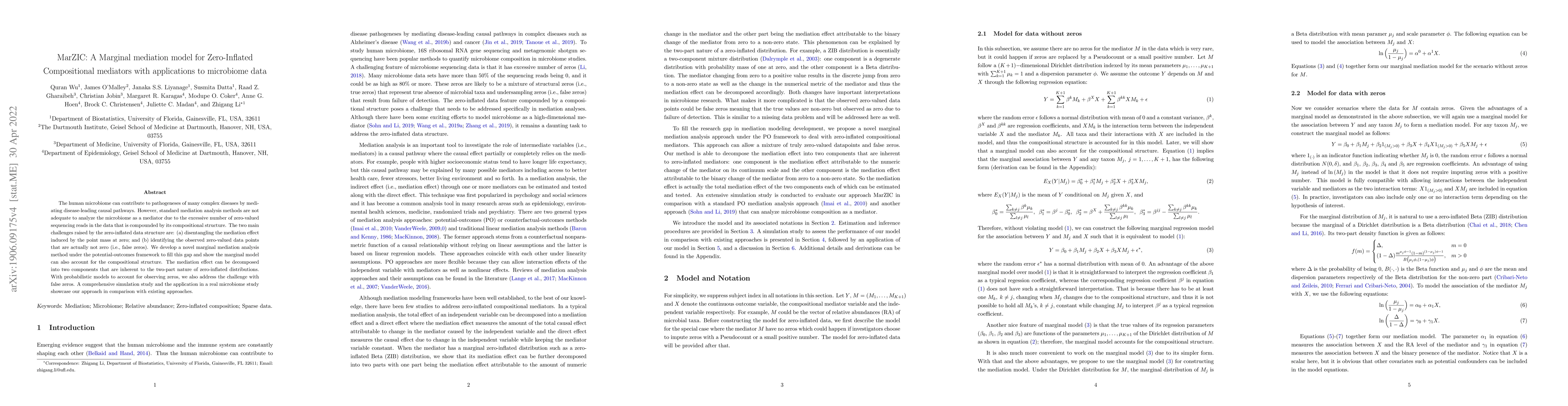 Thumbnail for MarZIC: A Marginal mediation model for Zero-Inflated Compositional
  mediators with applications to microbiome data