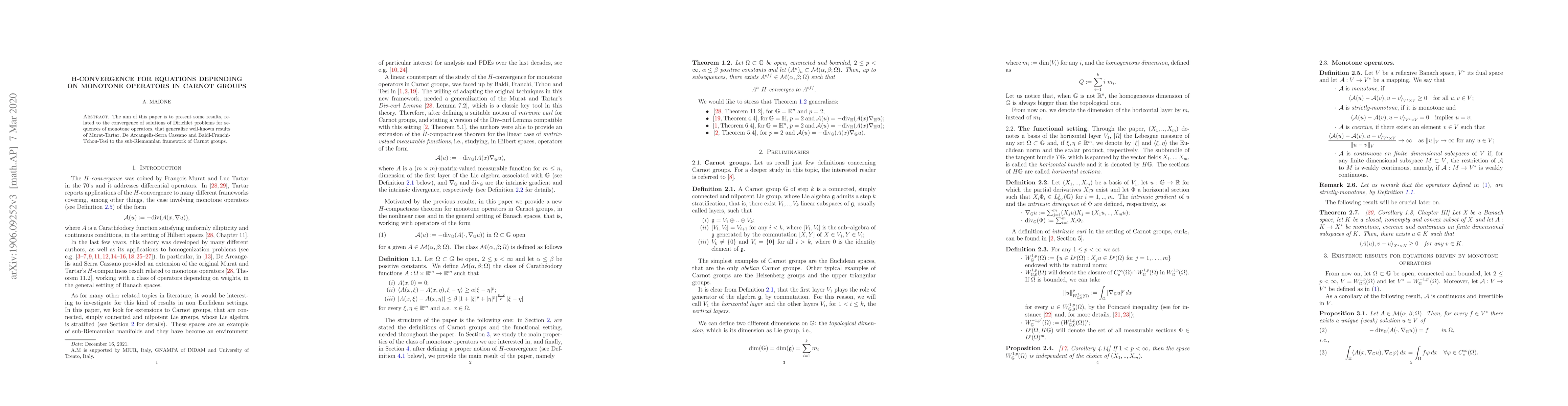 Thumbnail for $H$-convergence for equations depending on monotone operators in Carnot
  groups